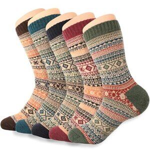 Womens Wool Socks 5 Pack Thick Knit Cozy Warm Winter Crew Socks